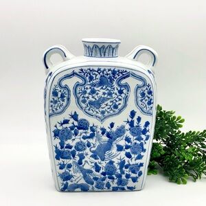 Chinese Porcelain Pillow Bottle Vase Blue White Floral Split Handles Crane Bird